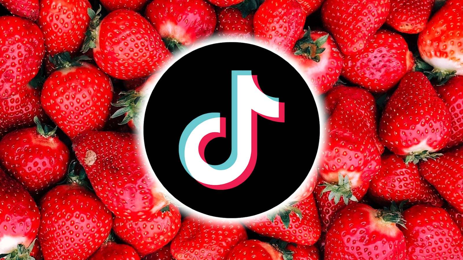 TikTok logo over a background of strawberries