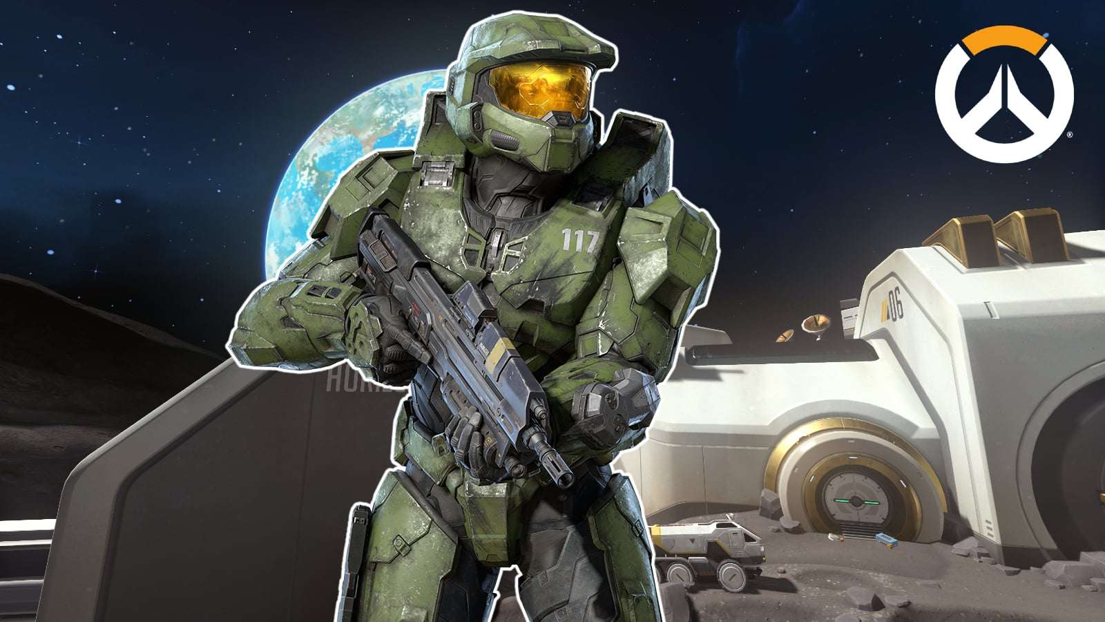 halo master chief stands against Overwatch horizon lunar colony background in space with earth behind him