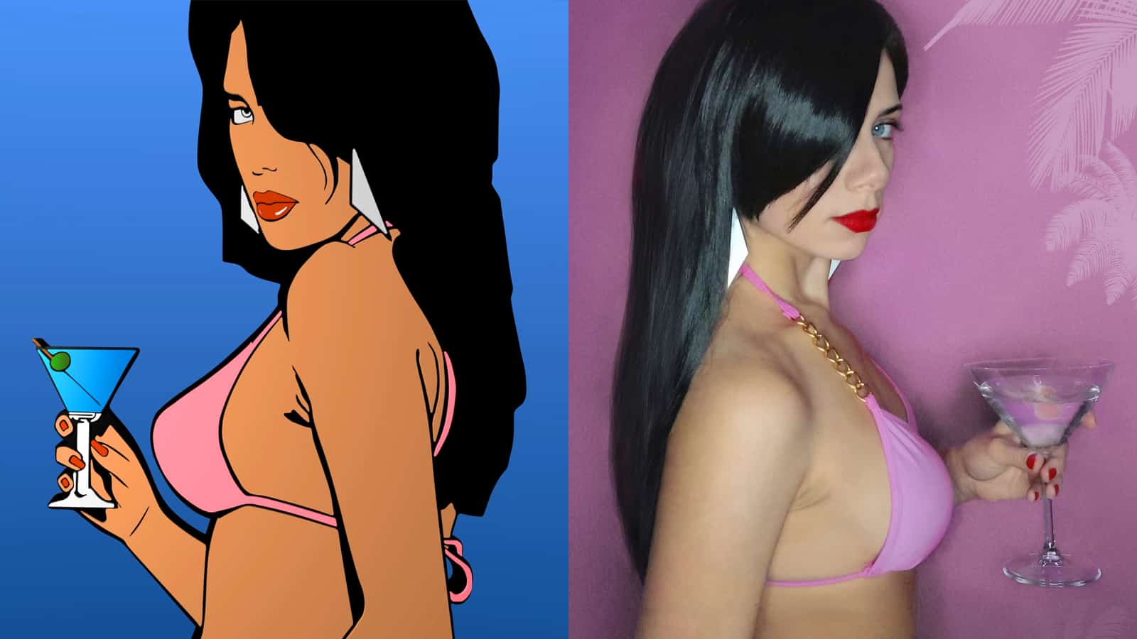 an image of GTA Vice City bikini girl next to cosplay Daria Gertsen.