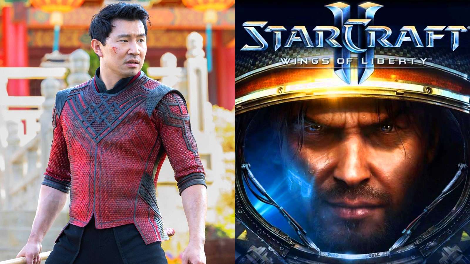 An image of Shang Chi actor Simu Liu next to Starcraft key art.