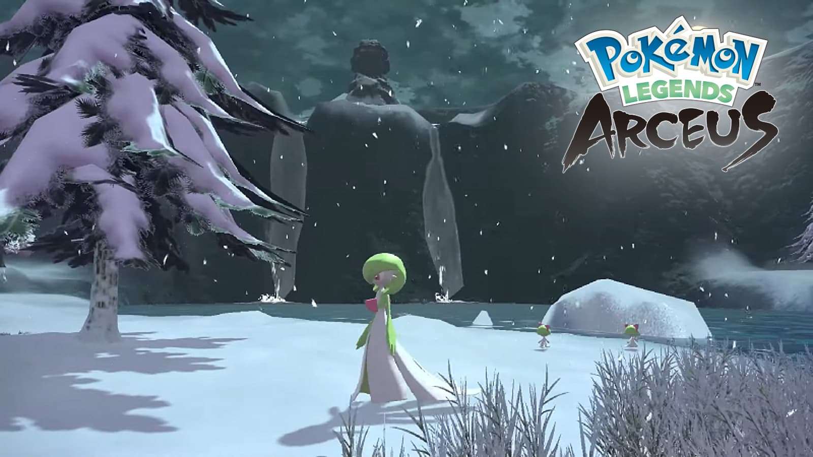 pokemon legends arceus gardevoir with ralts in the background in snowy forest