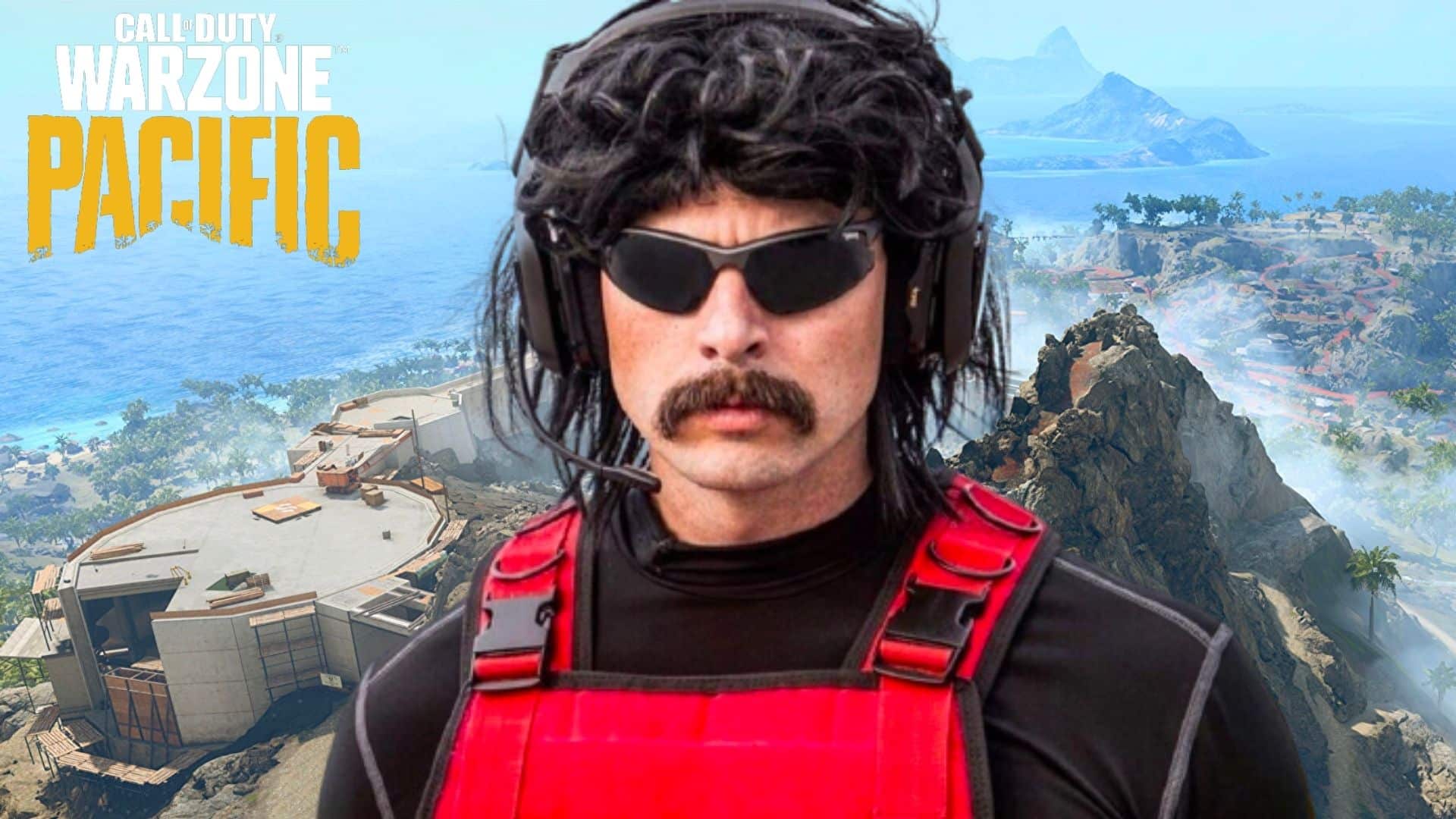 Dr Disrespect in glasses and wig on top of Warzone Pacific Caldera map