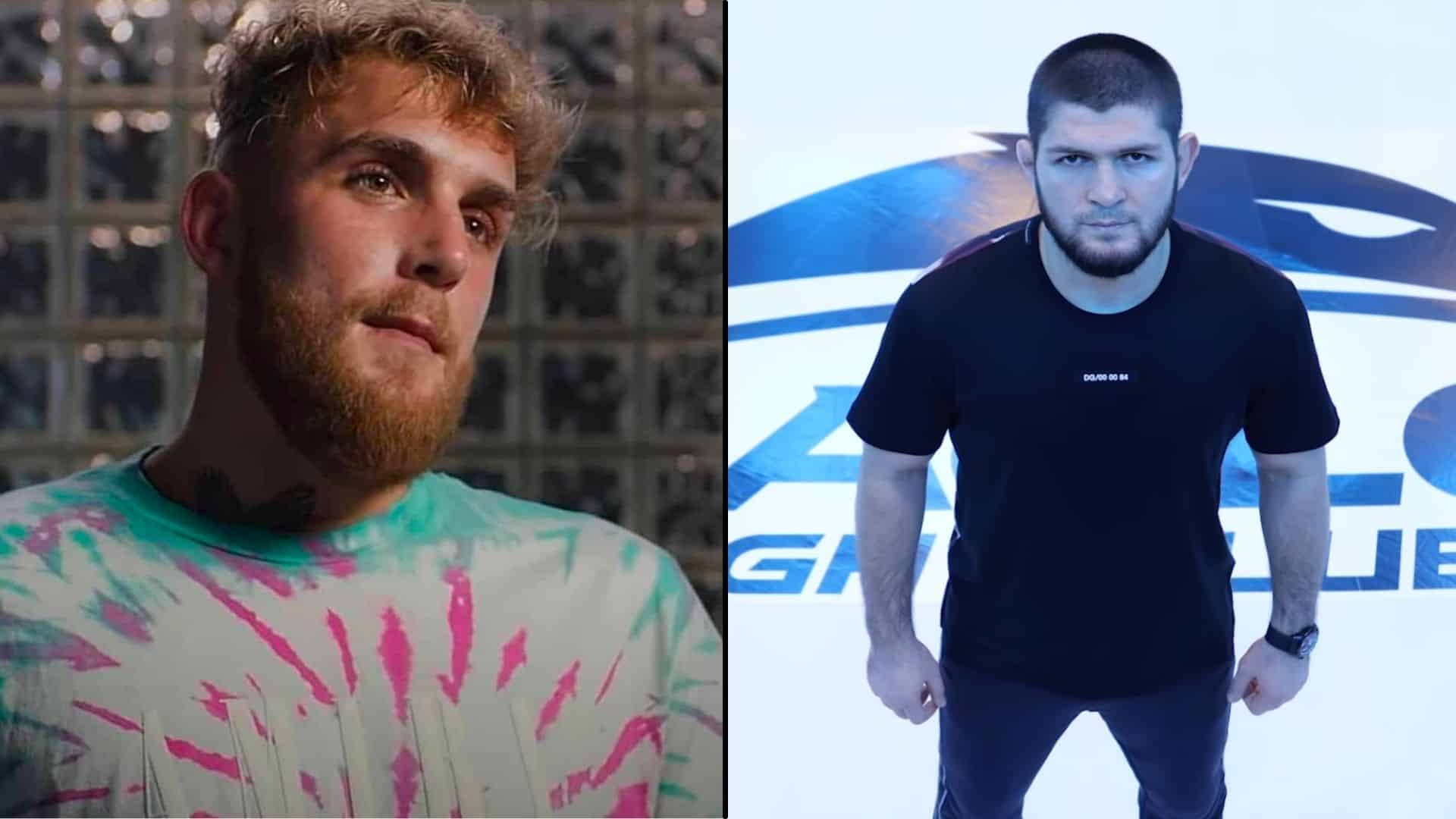 Jake Paul and Khabib side-by-side looking at cameras