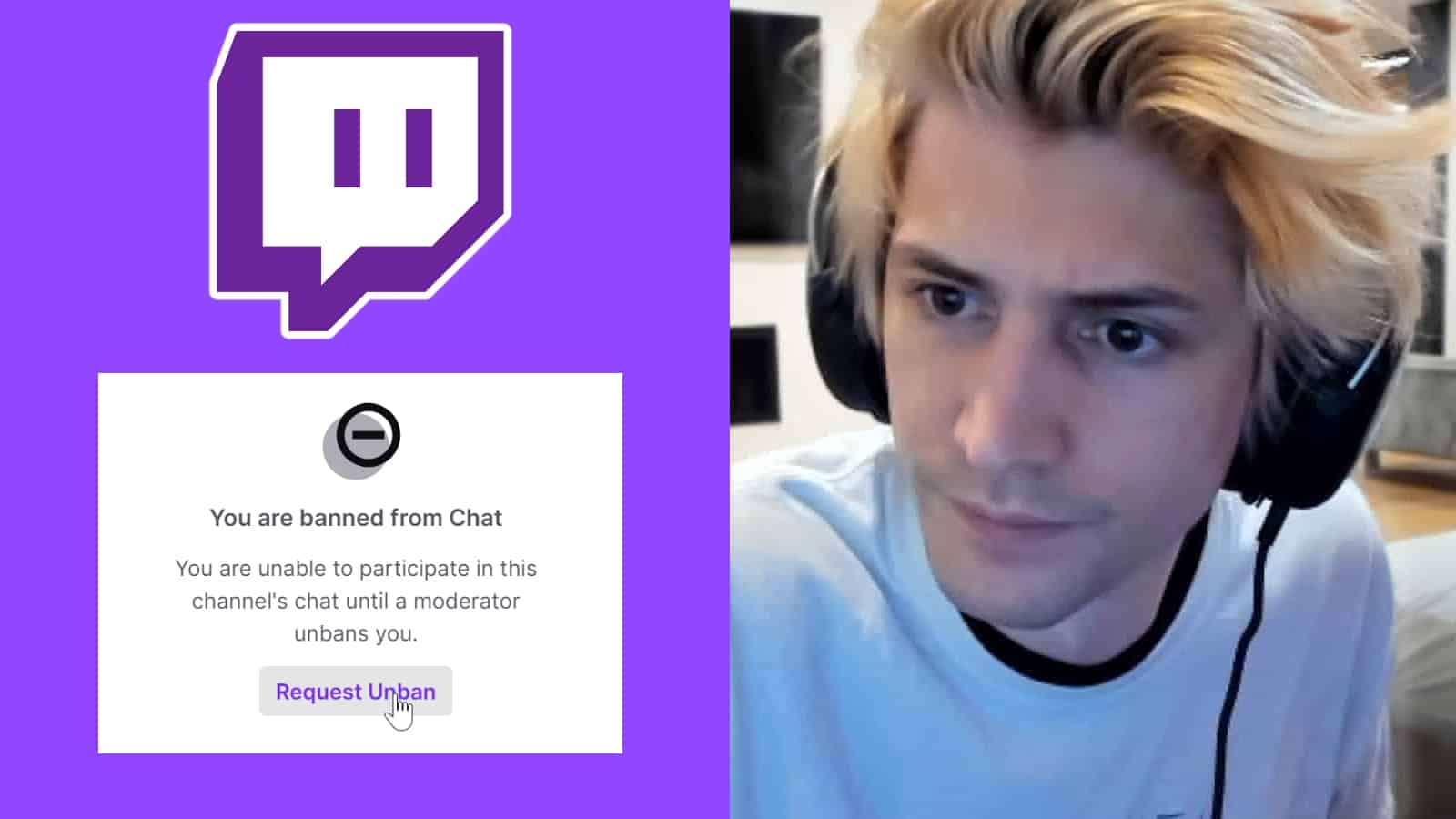 twitch logo with unban request text next to picture of xQc