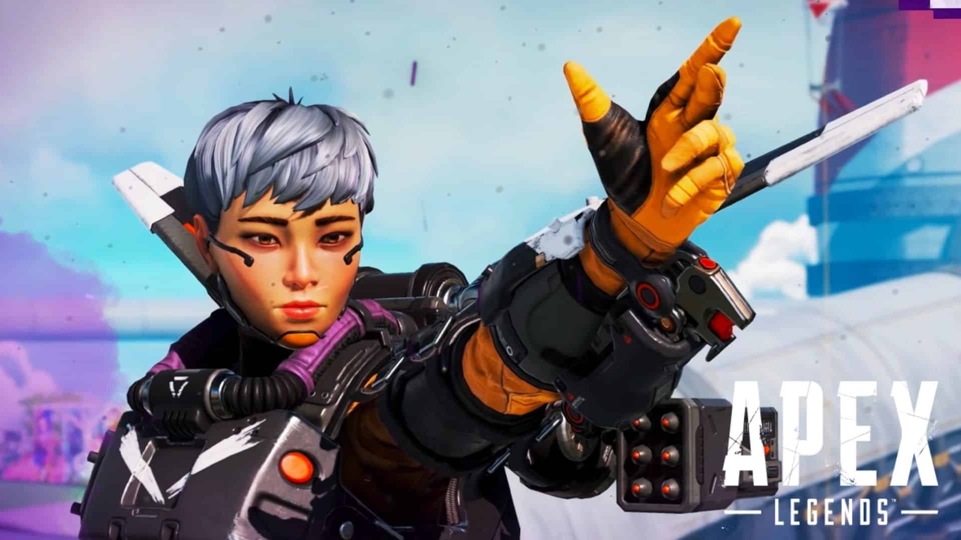 Valkyrie pointing fingers to the sky in Apex Legends