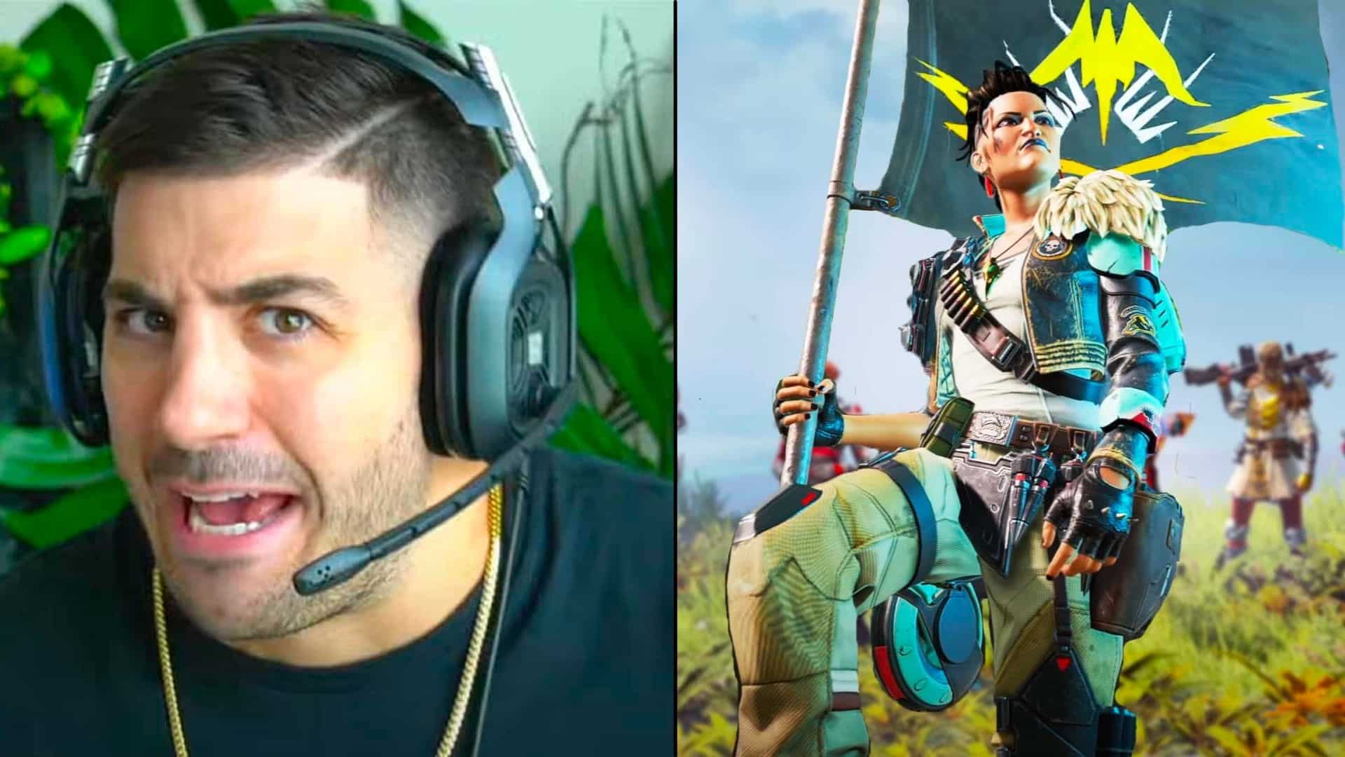 Nickmercs talking to camera next to Mad Maggie in Apex Legends holding flag