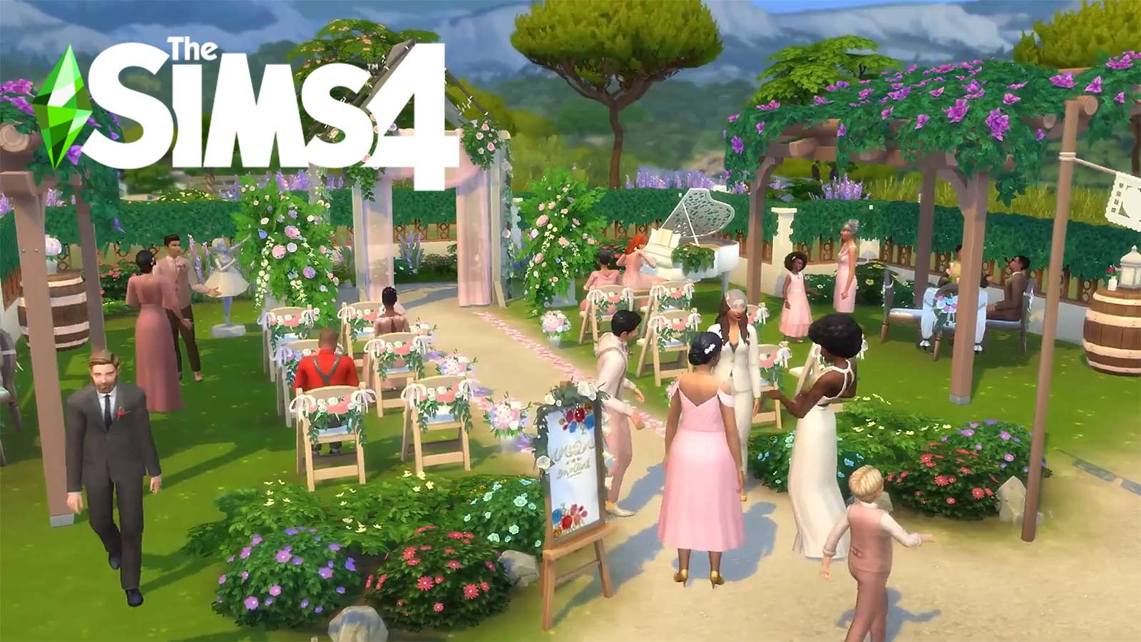 An image of gameplay screenshots from The Sims 4 My Wedding Stories Game Pack