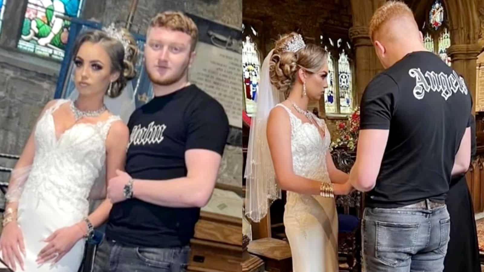 Woman in wedding dress and man in T-shirt