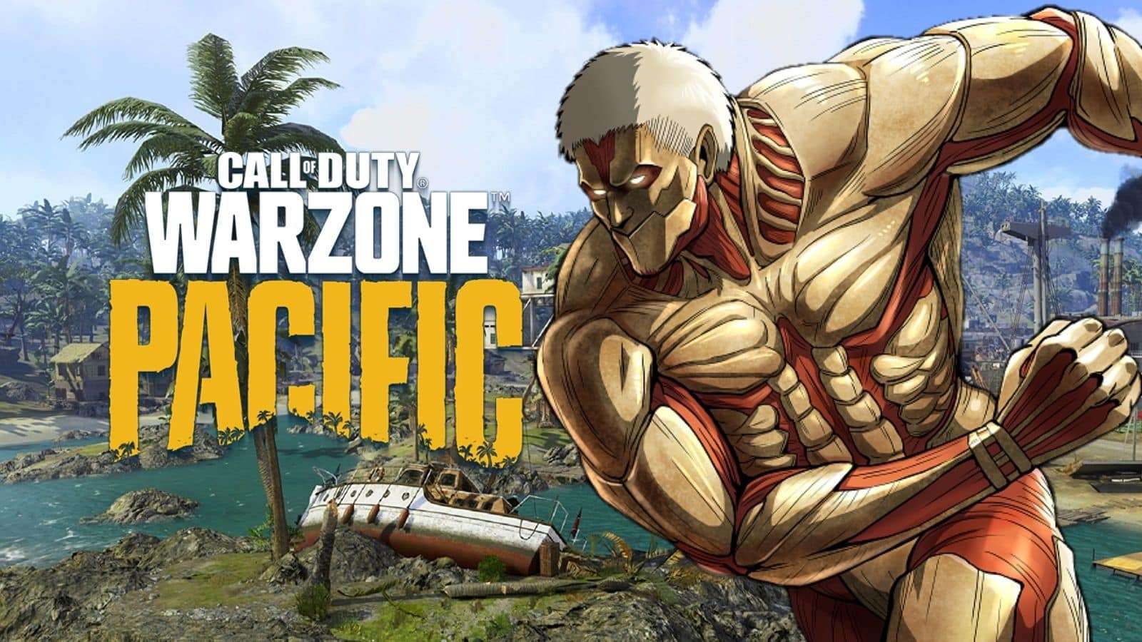 Attack on Titan character set against the Warzone Pacific logo and backdrop