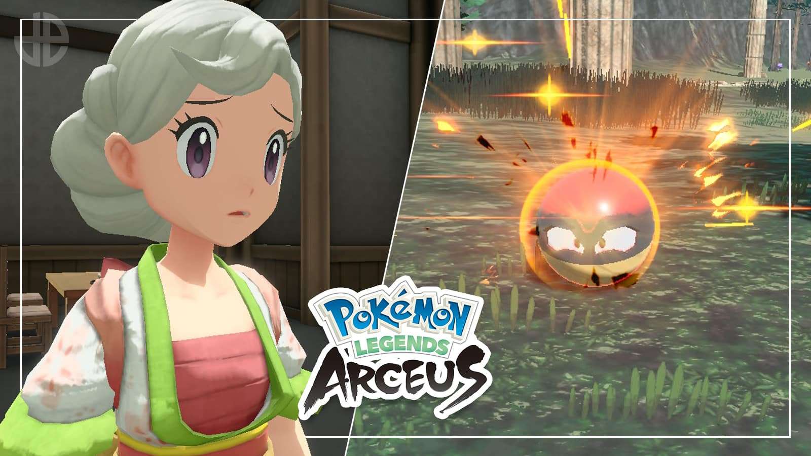 Pokemon Legends Arceus protagonist next to exploding Shiny Voltorb.