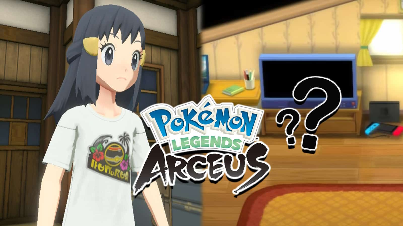 Pokemon Legends Arceus protagonist next to Pokemon Brilliant Diamond & Shining Pearl bedoroom screenshot.