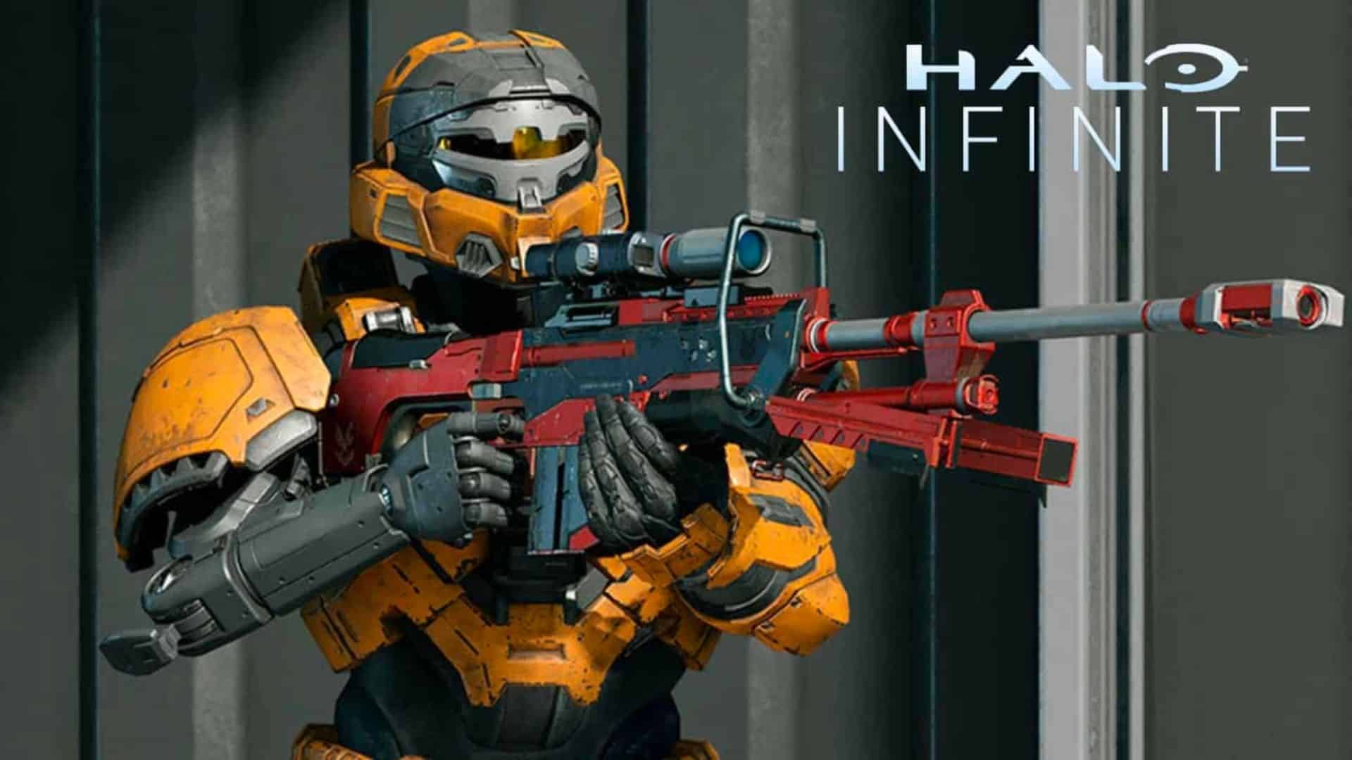 Halo Infinite character holding sniper with game logo
