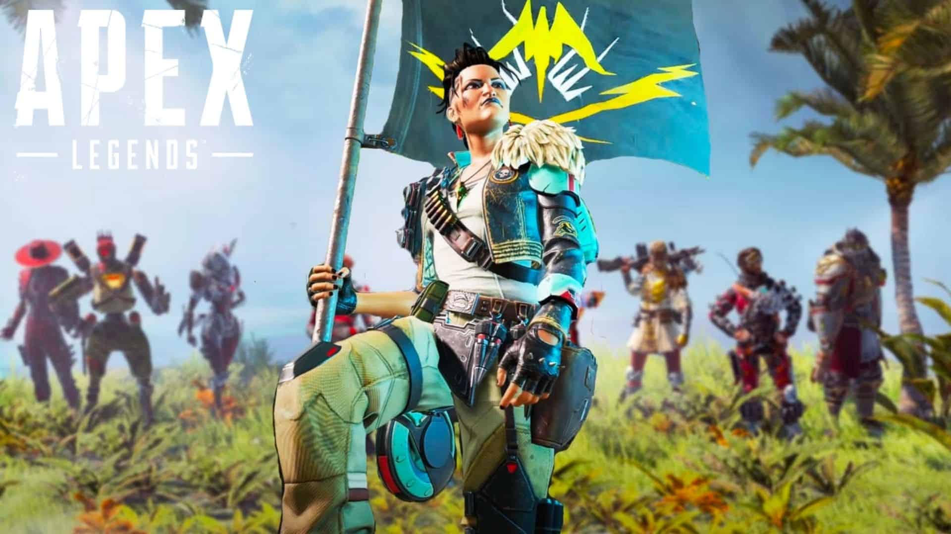 Mad Maggie planting blue and yellow flag in Apex Legends amongst her fellow legends