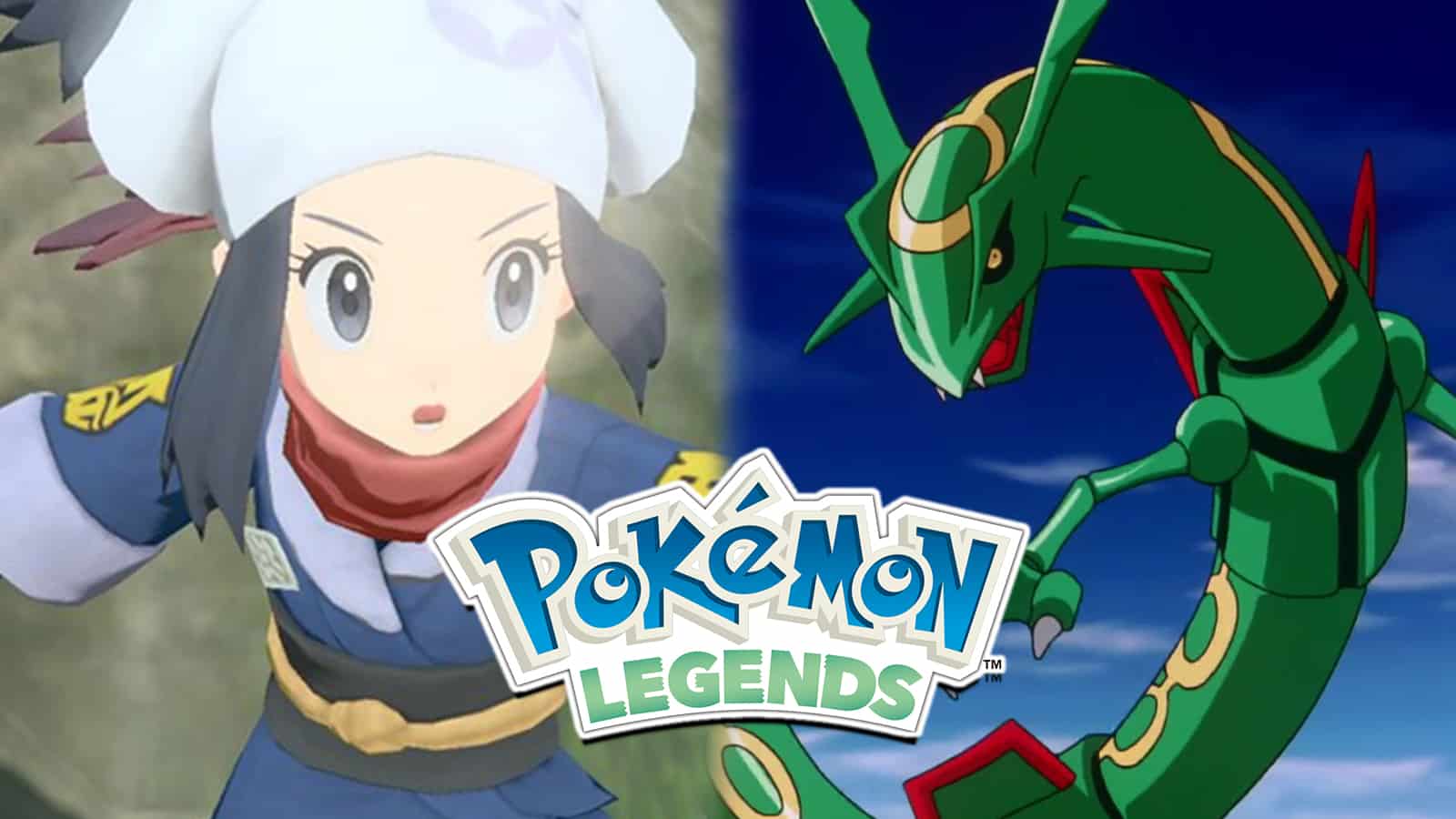 Pokemon Legends Arceus protagonist next to Hoenn Legendary Rayquaza screenshot.
