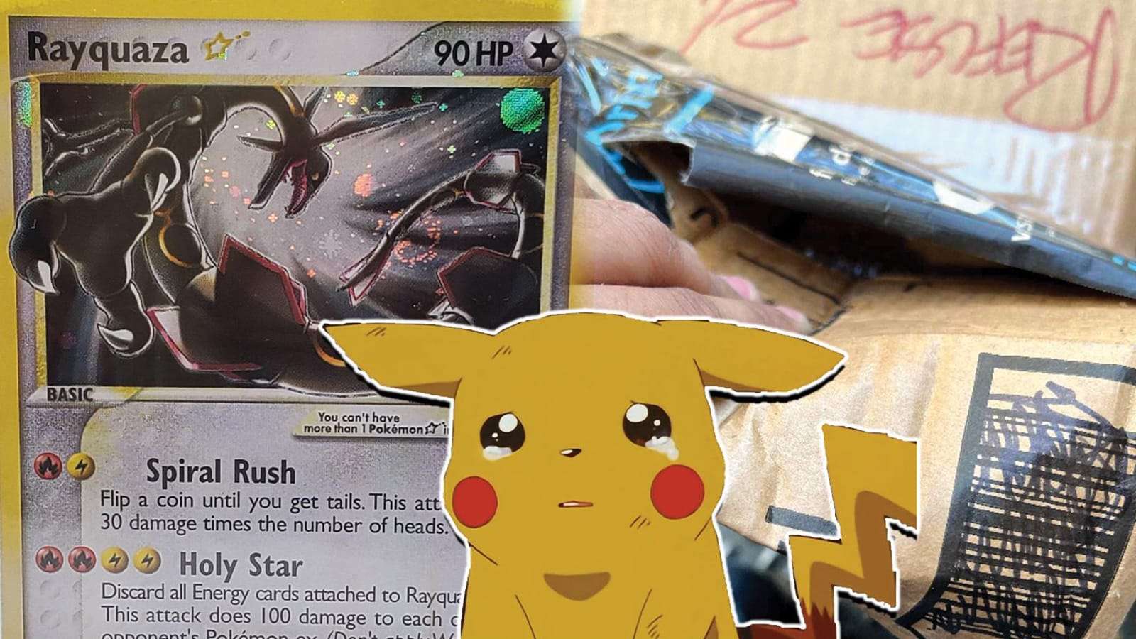 Pokemon Card Rayquaza Gold star next to damaged shipping package screenshot.