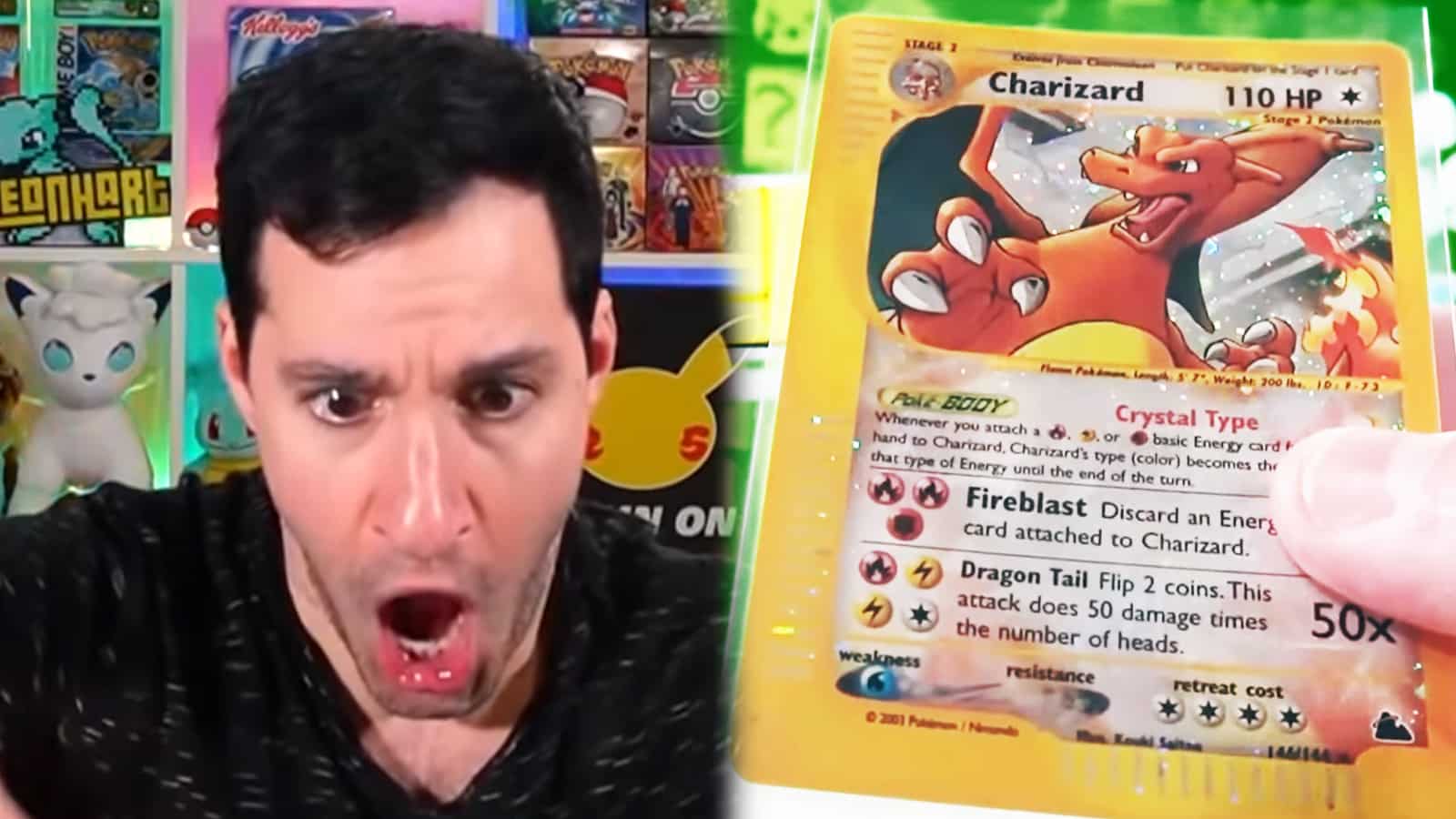YouTuber Leonhart next to rare Crystal Charizard Pokemon Card TCG screenshot.