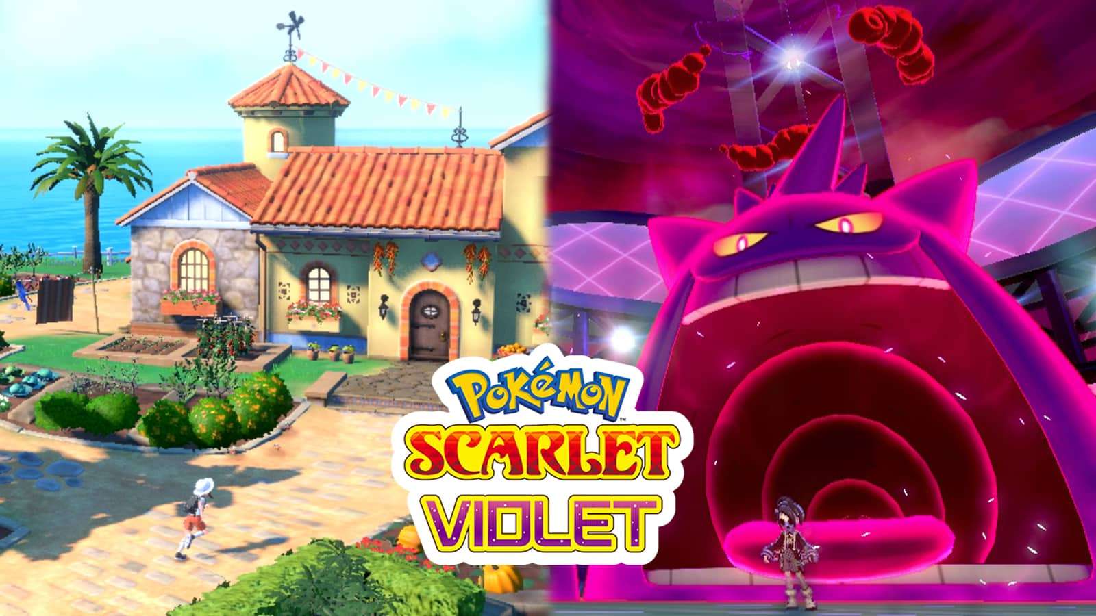 Pokemon Scarlet & Violet protagonist house next to Sword & Shield Dynamax Gengar screenshot.