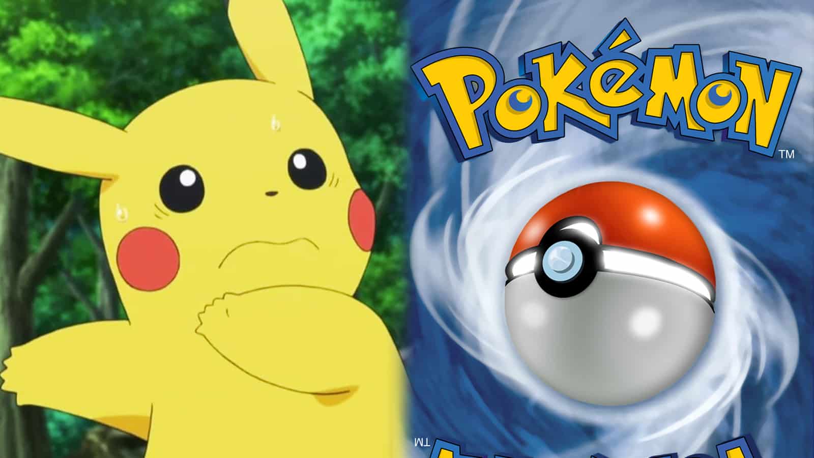 Pikachu Pokemon anime next to Pokemon Card back artwork screenshot.