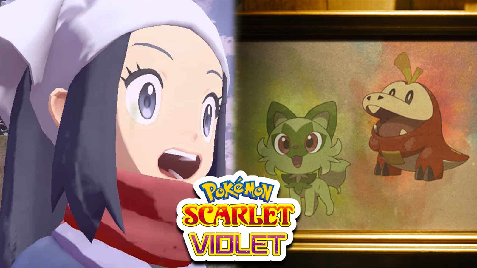 Pokemon Legends Arceus protagonist next to Gen 9 Pokemon Scarlet & Violet Starters screenshot.