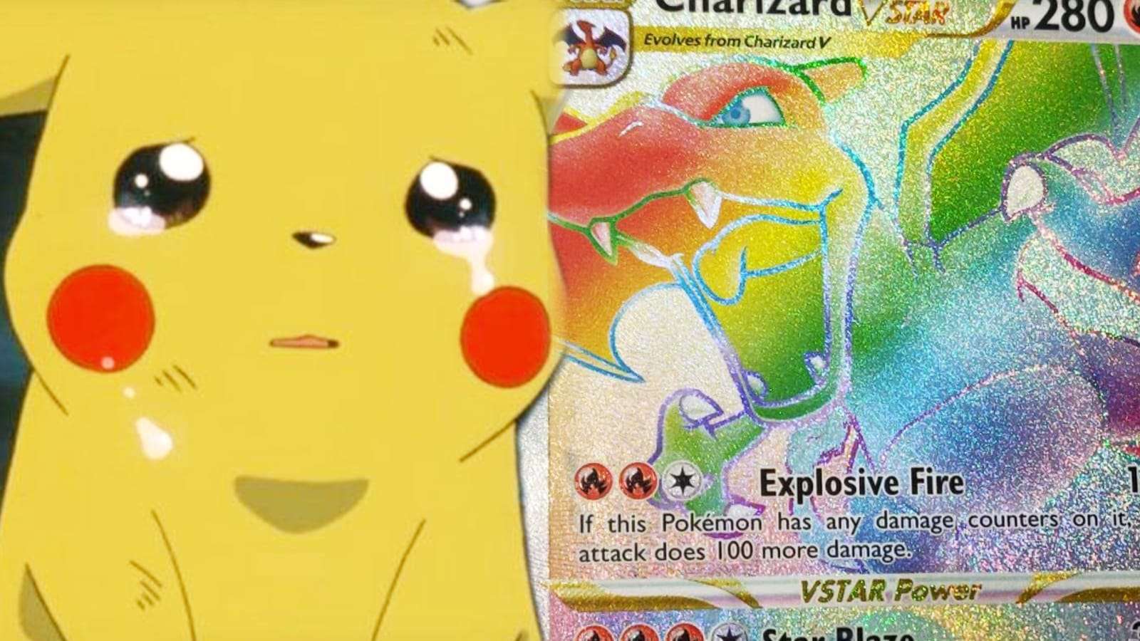 Pikachu crying from the Pokemon anime next to Rainbow Charizard VSTAR Pokemon card screenshot.