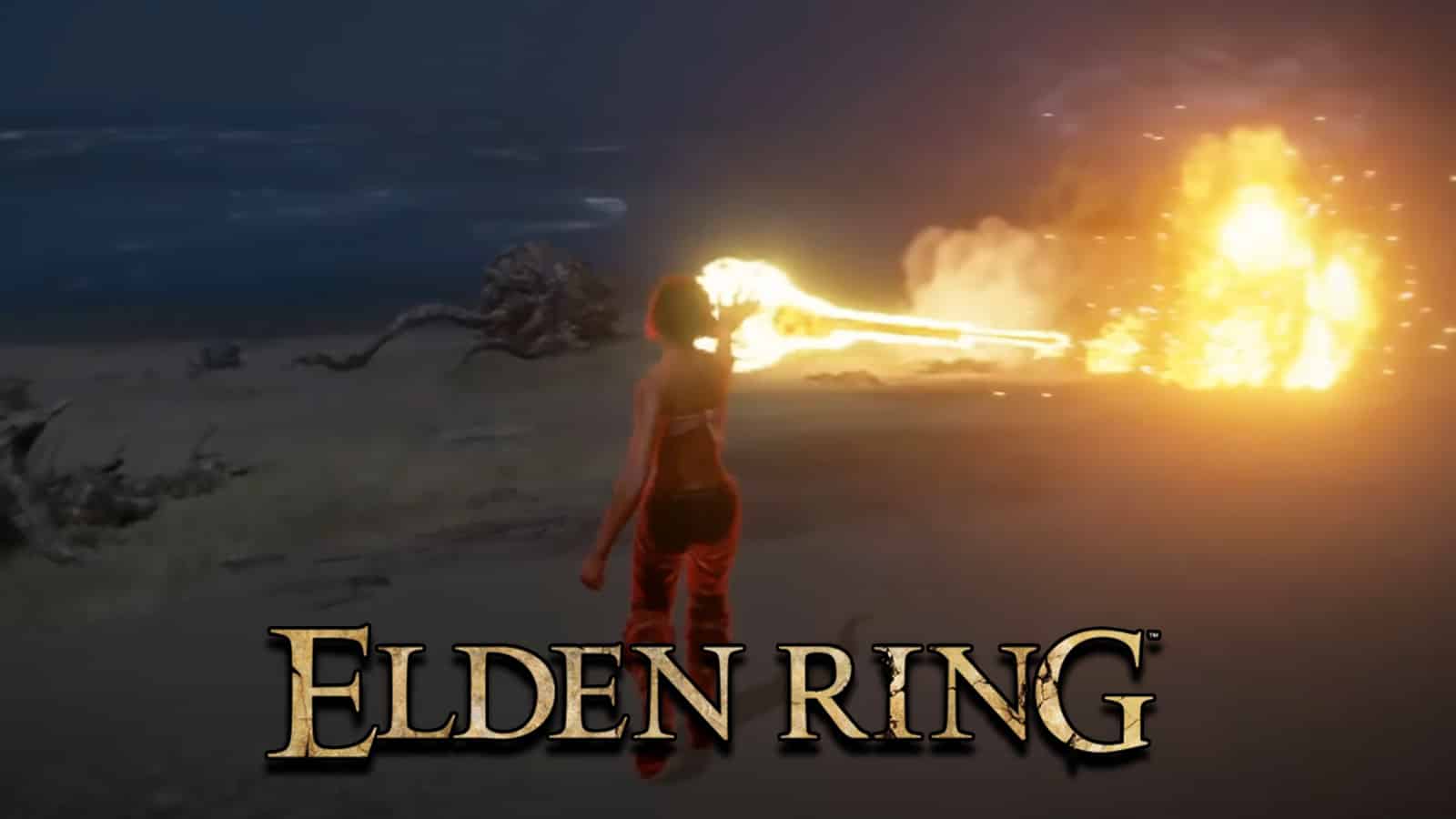 Elden Ring character shooting flames by YouTuber Malcolm Reynolds screenshot.