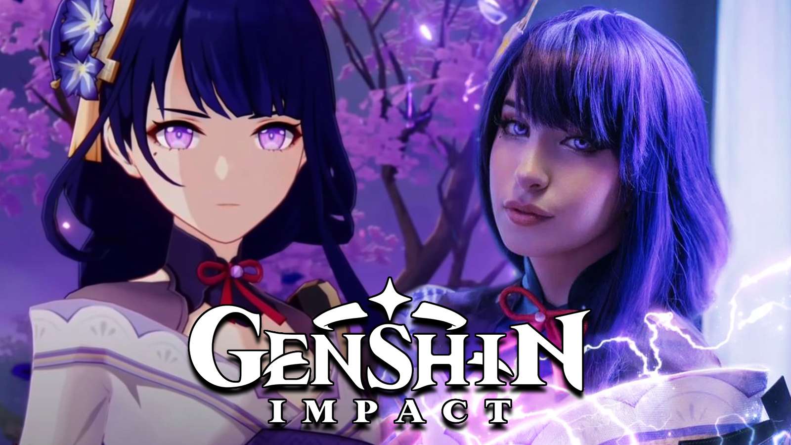 Genshin Impact Raiden Shogun next to cosplayer screenshot.