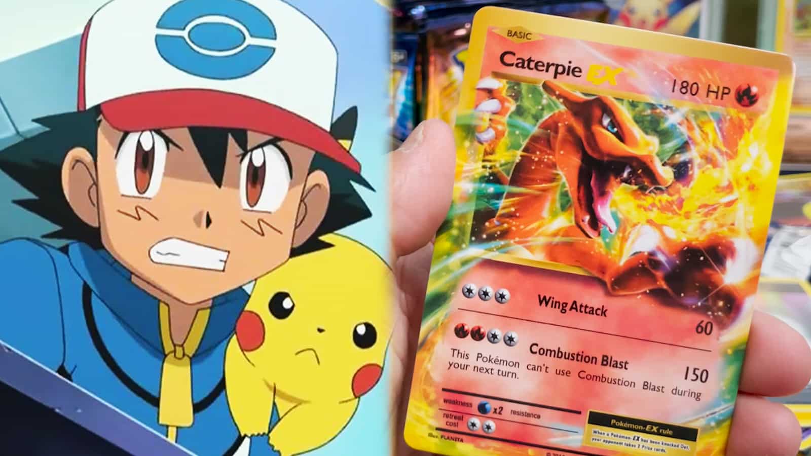 Ash Ketchum from Pokemon anime next to fake Charizard Pokemon card screenshot.