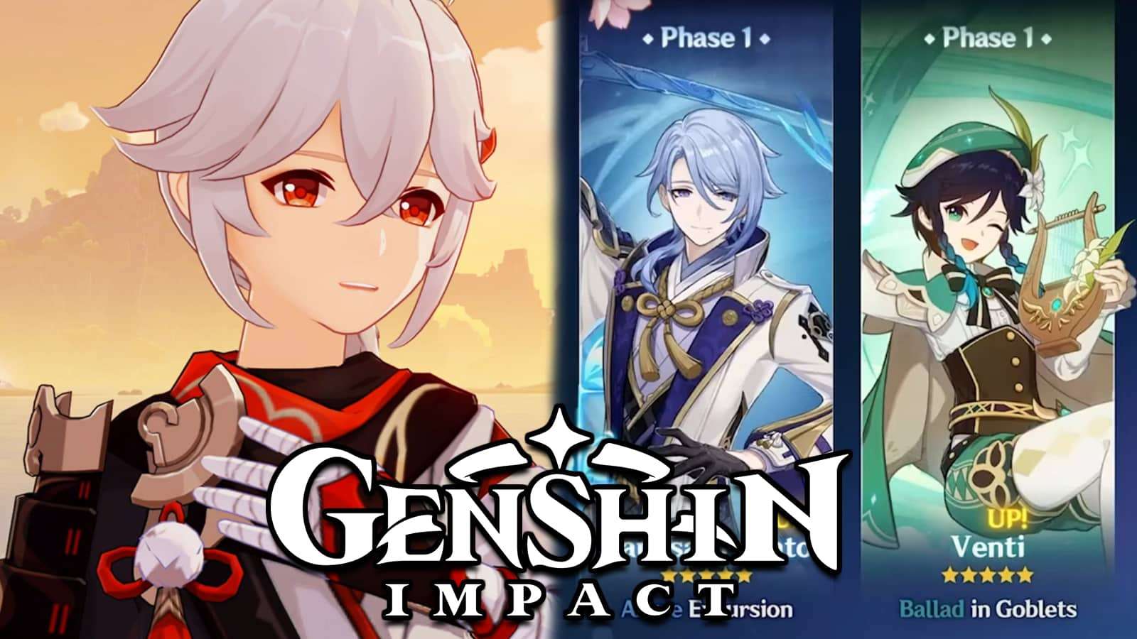 Genshin Impact Kazuha next to Venti and Ayato Version 2.6 banner screenshot.