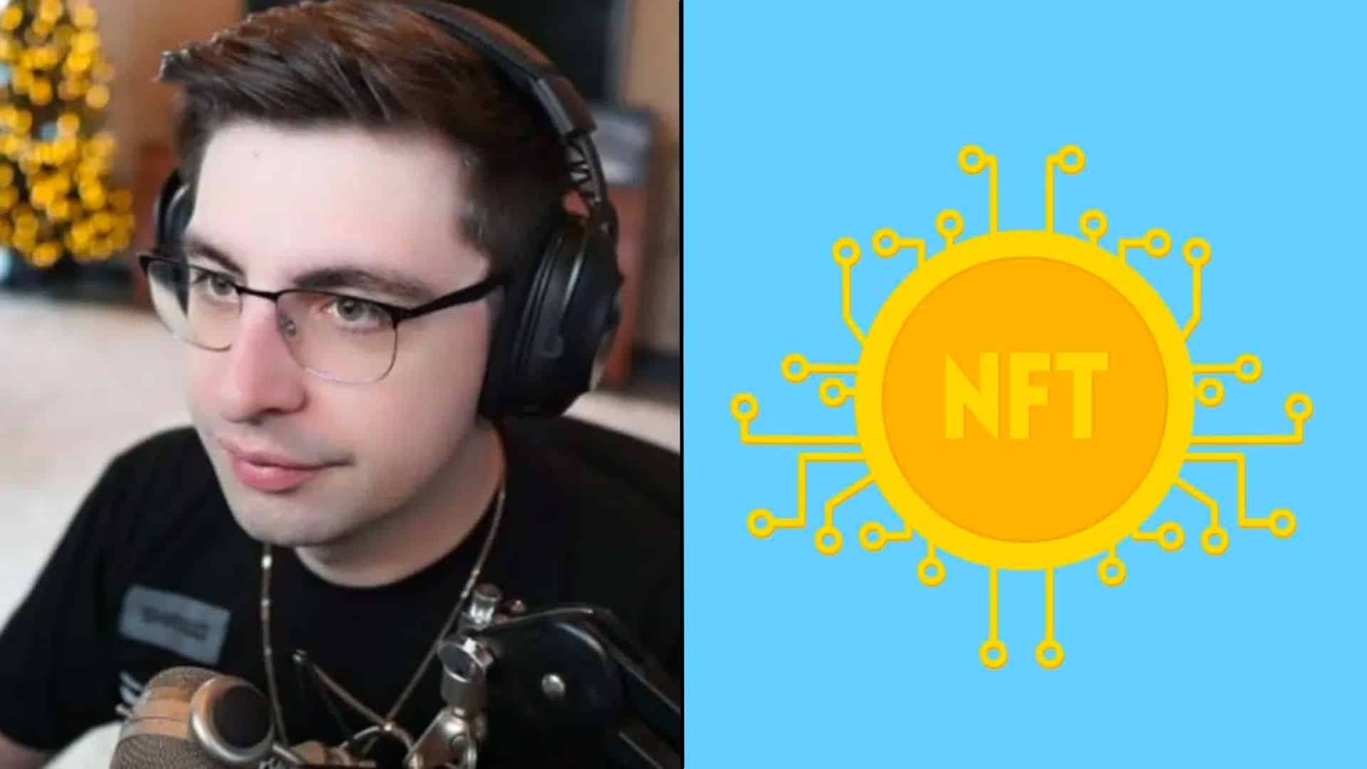 Shroud talking to Twitch stream alongside NFT coin logo
