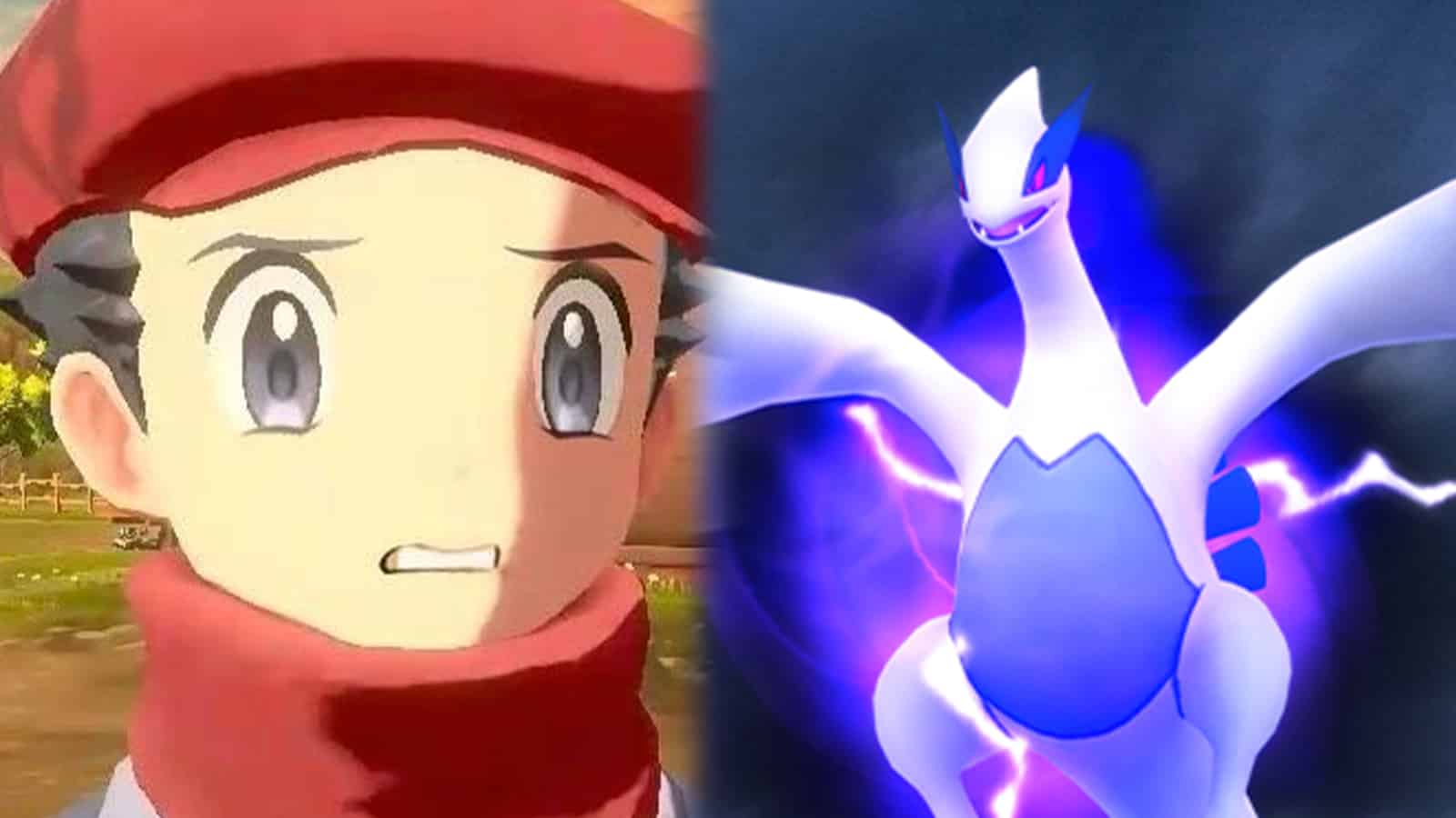 Pokemon Legends Arceus protagonist next to Apex Shadow Lugia from Pokemon Go screenshot.
