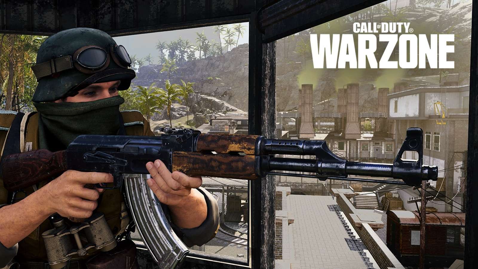 Warzone player holding gun in Caldera tower with Warzone logo in top right corner
