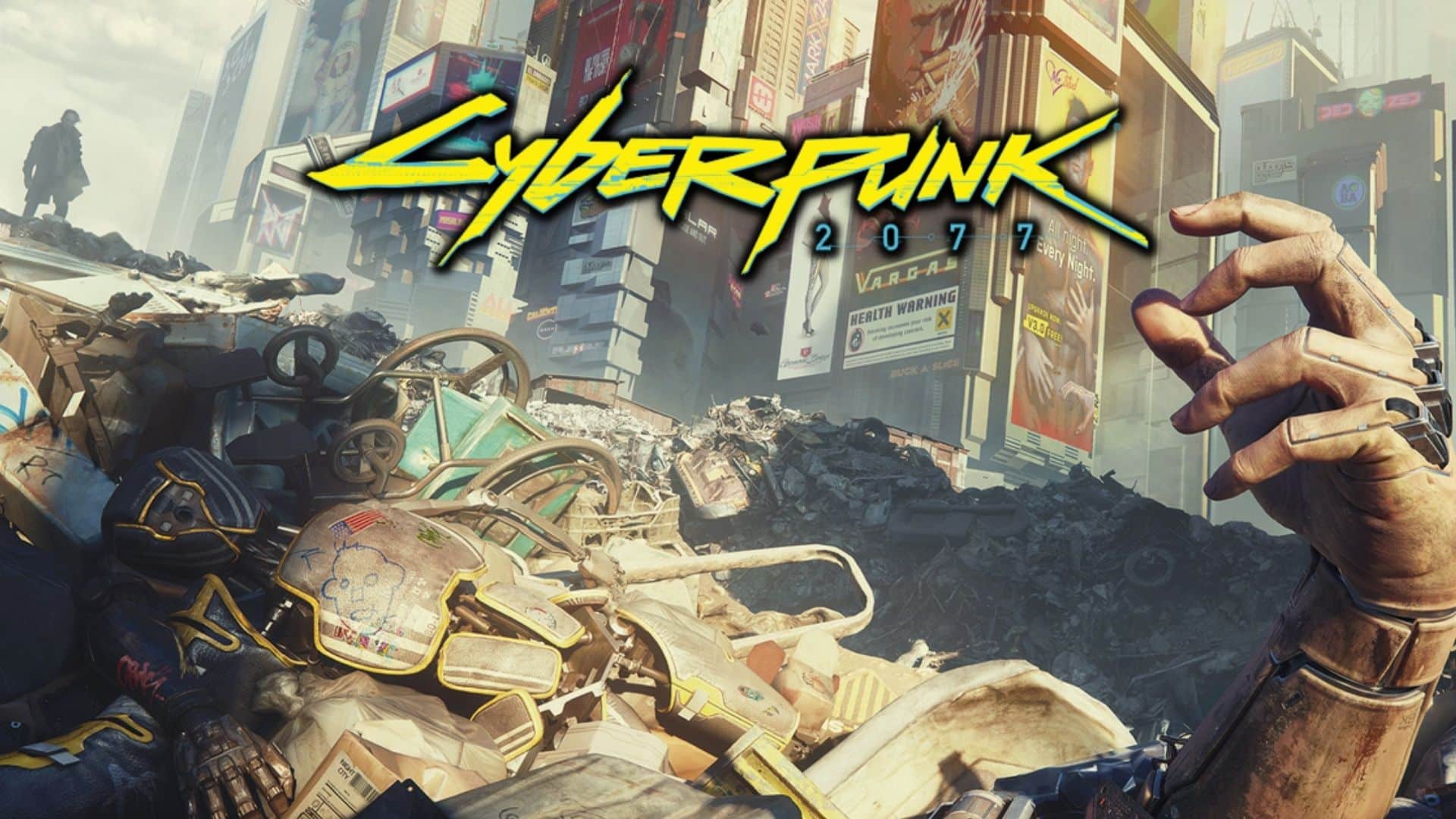 cybernetic arm stickling out of garbage heap in cyberpunk 2077