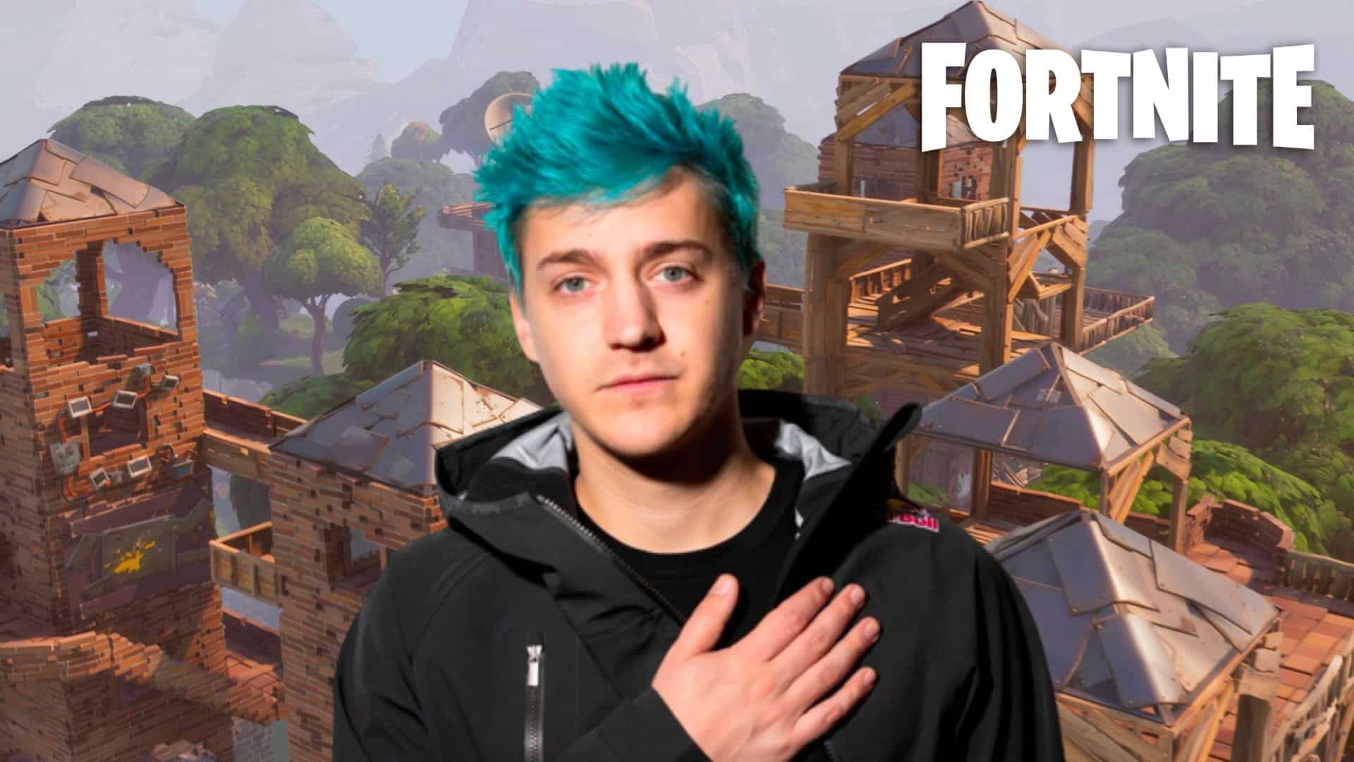 Ninja in Red Bull jacket with Fortnite building in background