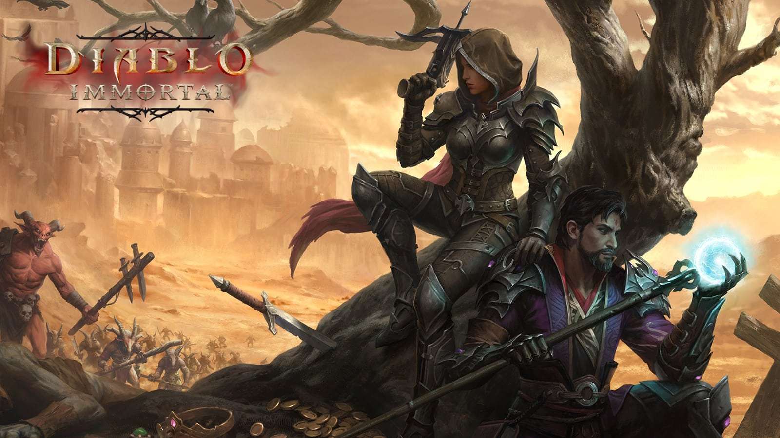 diablo immortal female demon hunter and male wizard sit against ruined tree with demons in the background