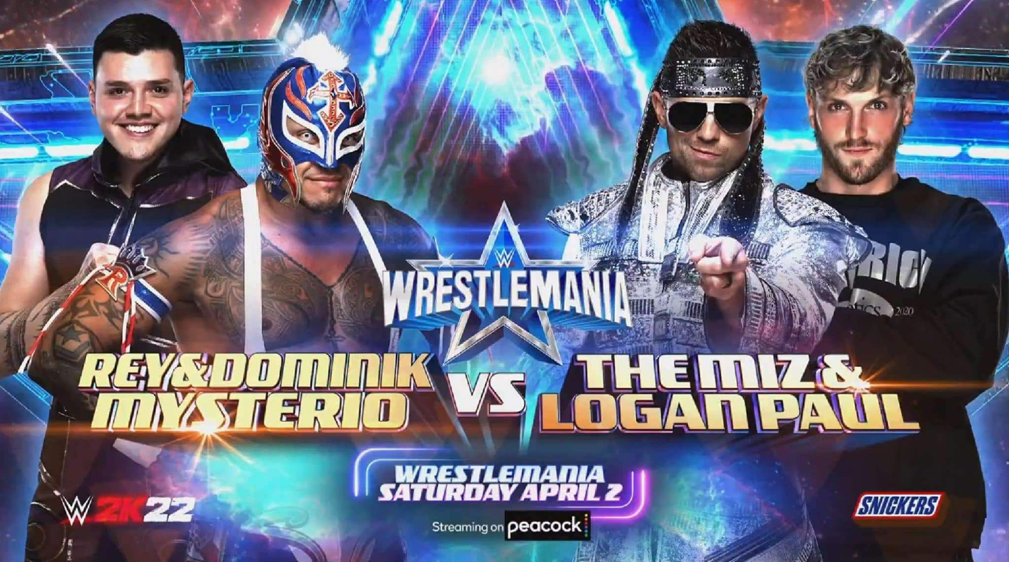 Logan Paul and The Miz vs Rey Mysterio and Dominik Mysterio WrestleMania 38 match graphic