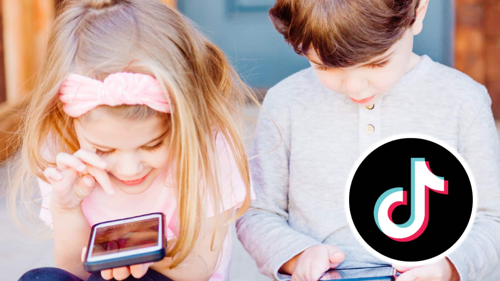 Kids using their phone next to TikTok logo