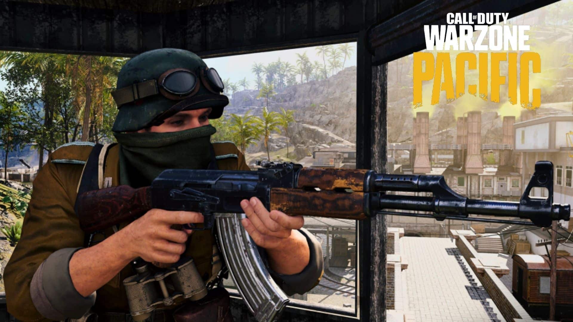 Warzone character holding AK47 with Pacific logo