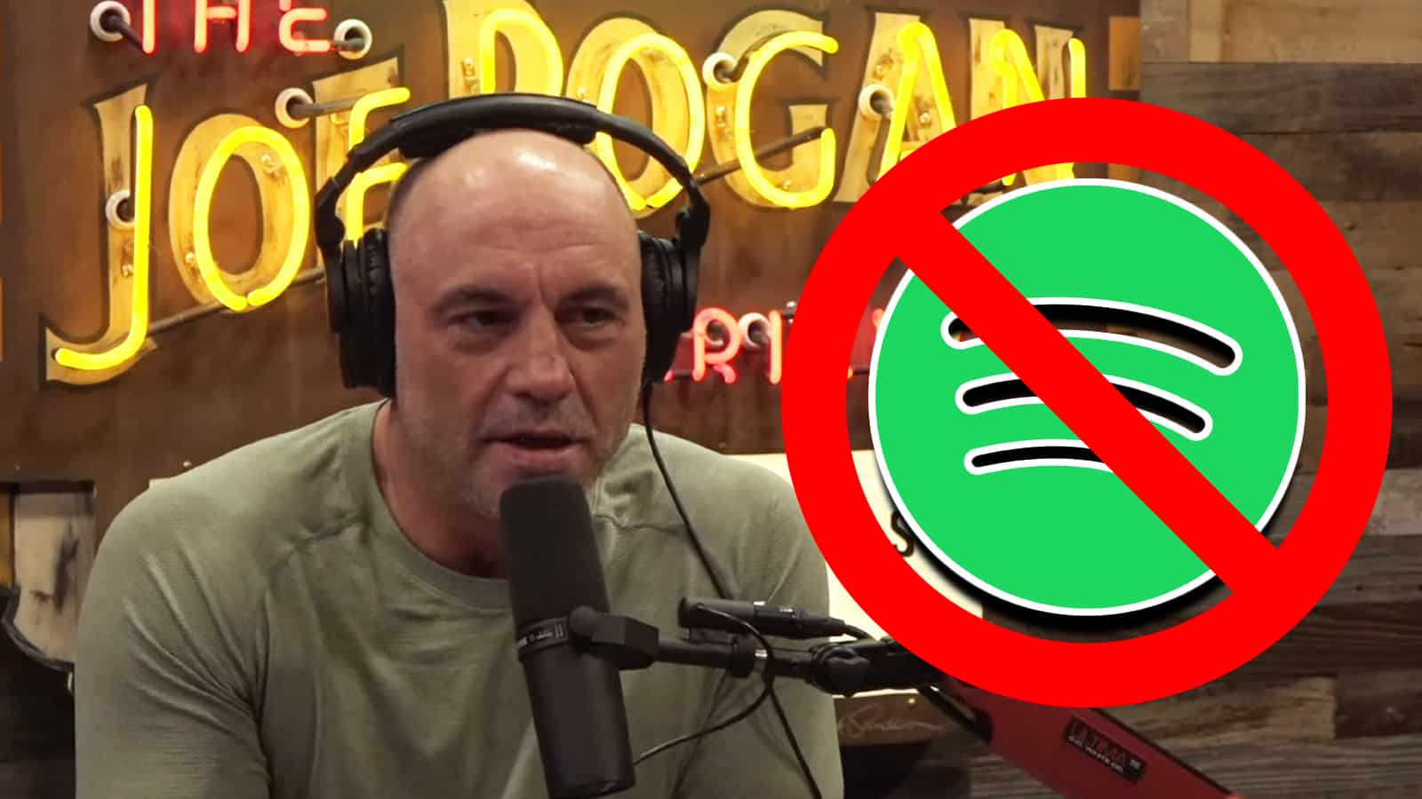 Joe Rogan hosting podcast next to Spotify logo.