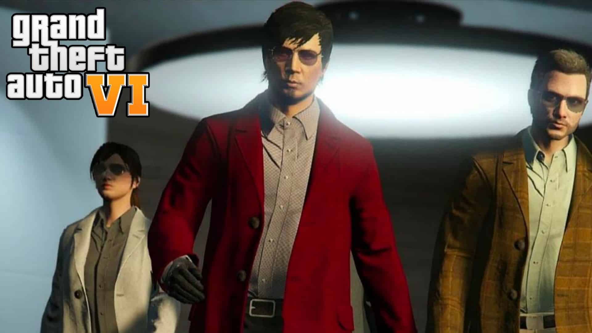GTA Online characters in suits walking towards screen with GTA 6 logo