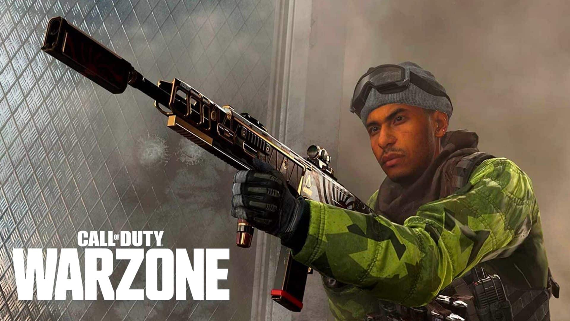 Warzone character in green camo holding Shotgun upwards with logo