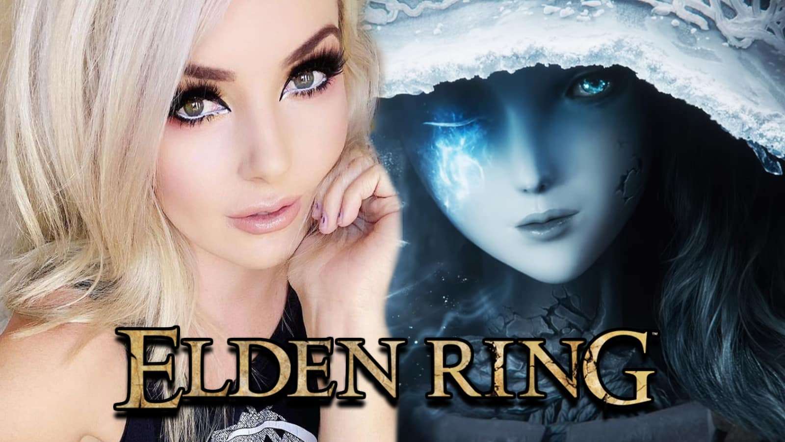 Cosplayer Jessica Nigri next to Ranni the Witch Elden Ring screenshot.