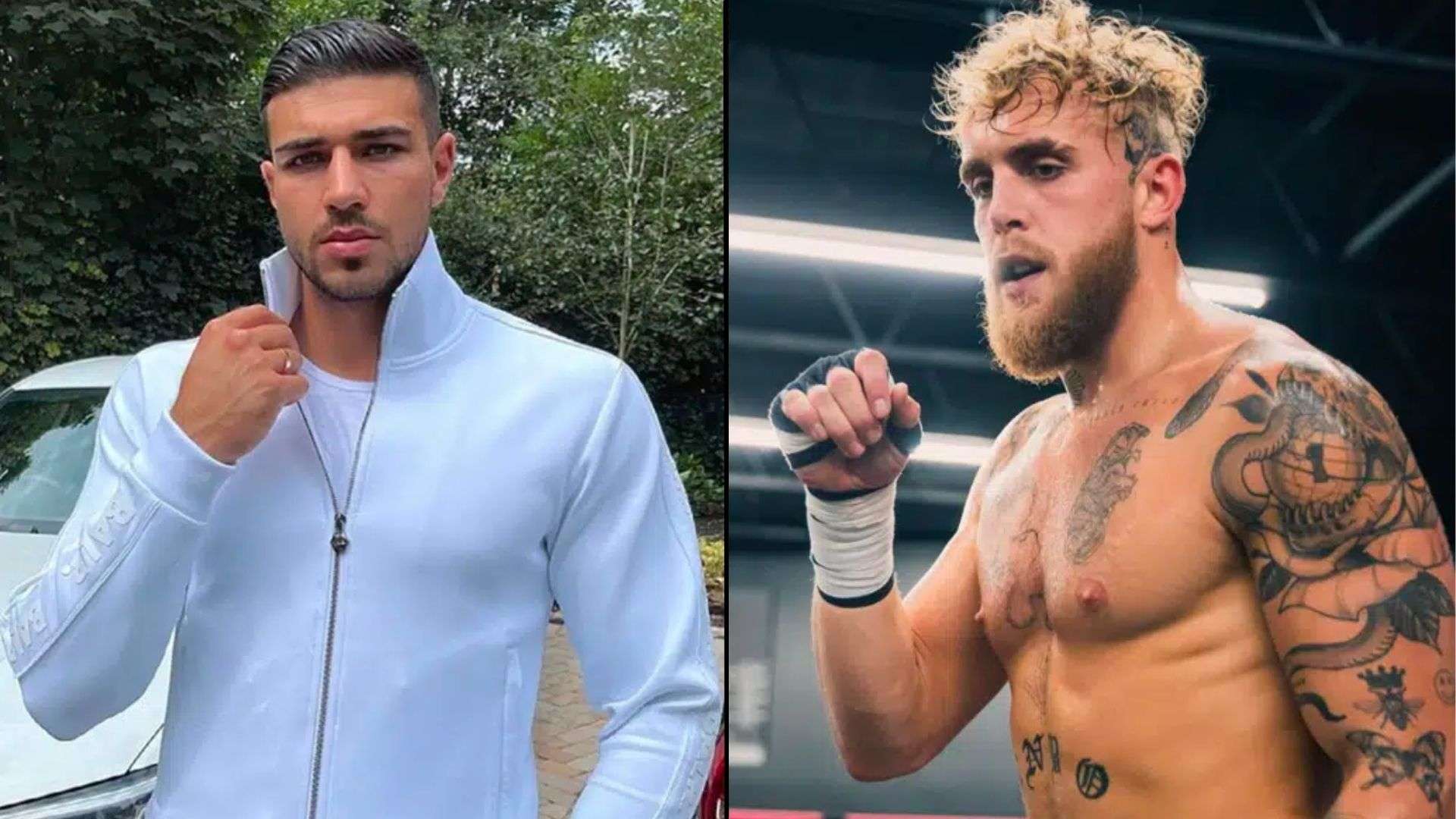 Tommy Fury and Jake Paul side-by-side making fists