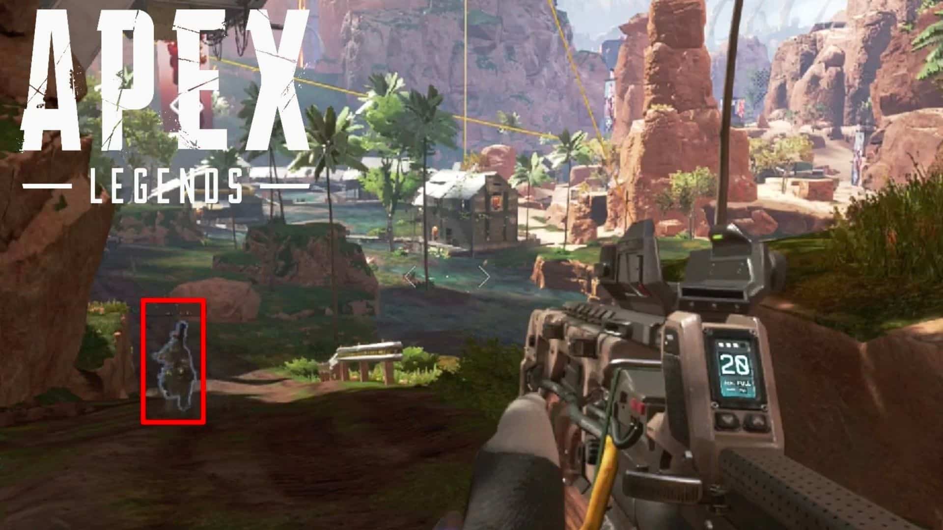 Apex Legends character with weapon and enemy highlighted by red box