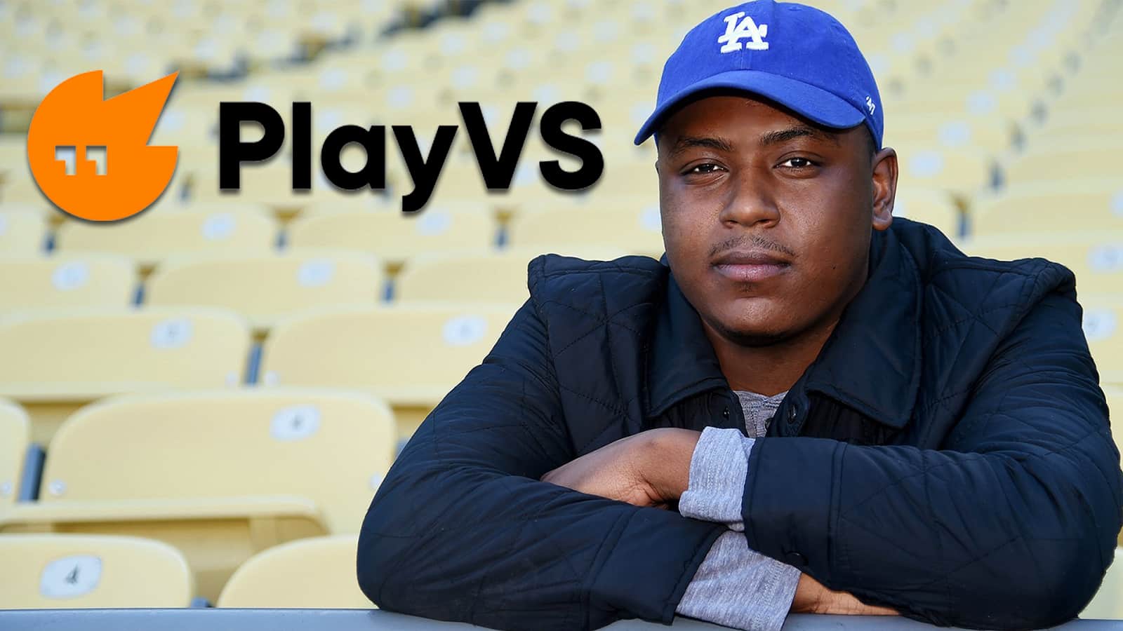 Delane Parnell, founder of PlayVS with an LA Dodgers hat on and company logo behind him