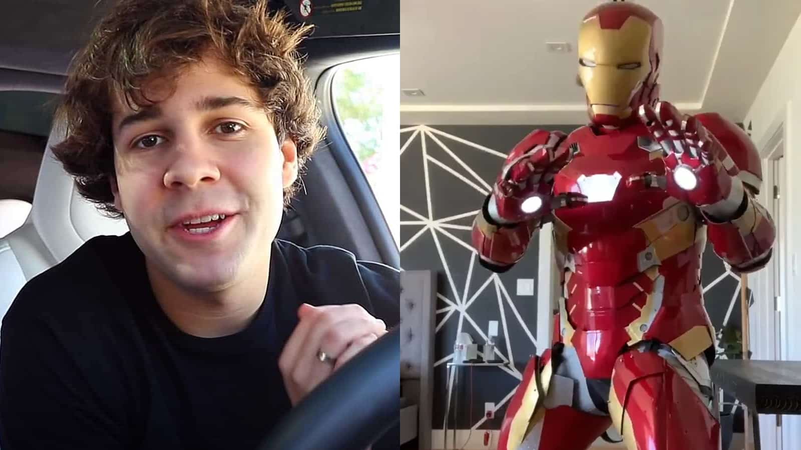 david dobrik side by side with his iron man suit