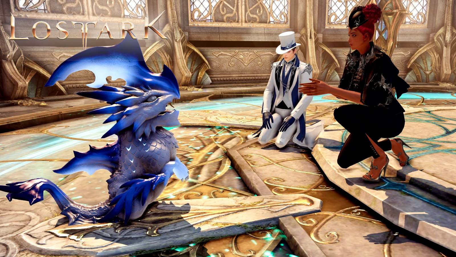 lost ark gunner and martial artist in noble banquet skins play with small dragon pet