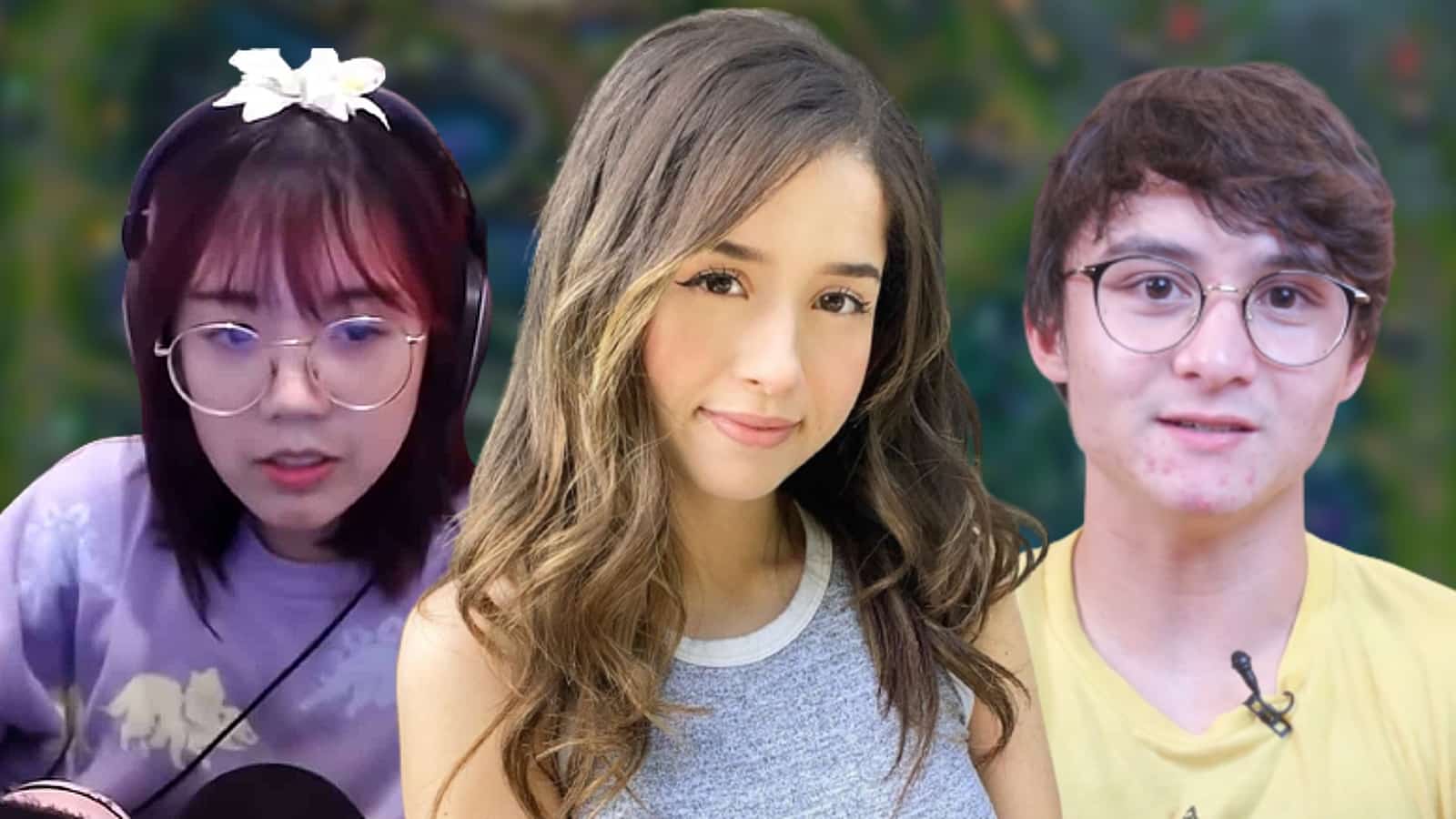 Pokimane with LilyPichu and Michael Reeves on top of blurred image of League of Legends' Summoners Rift