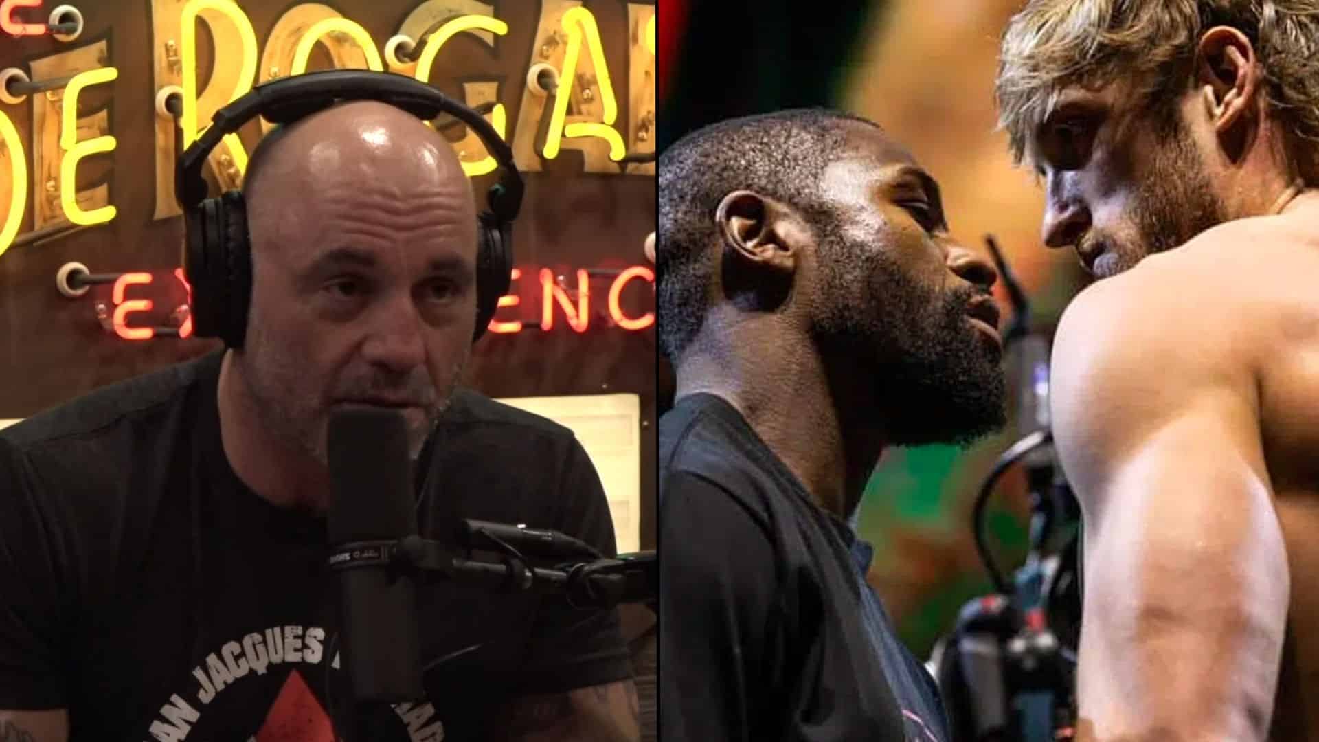 Joe Rogan side-by-side with Floyd Mayweather and Logan Paul in pre-fight head-to-head
