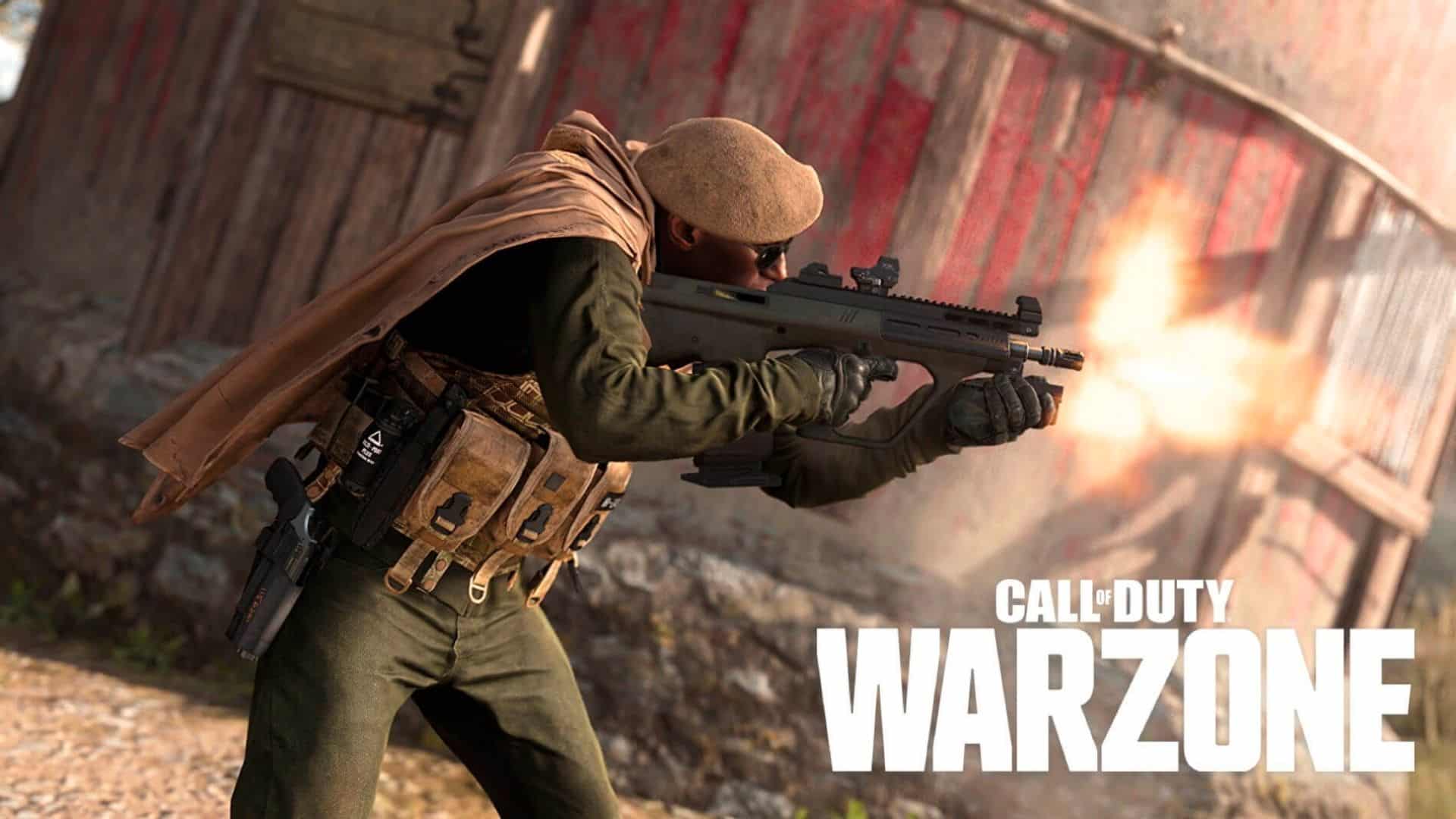 Call of Duty Warzone character shooting AUG in Modern Warfare