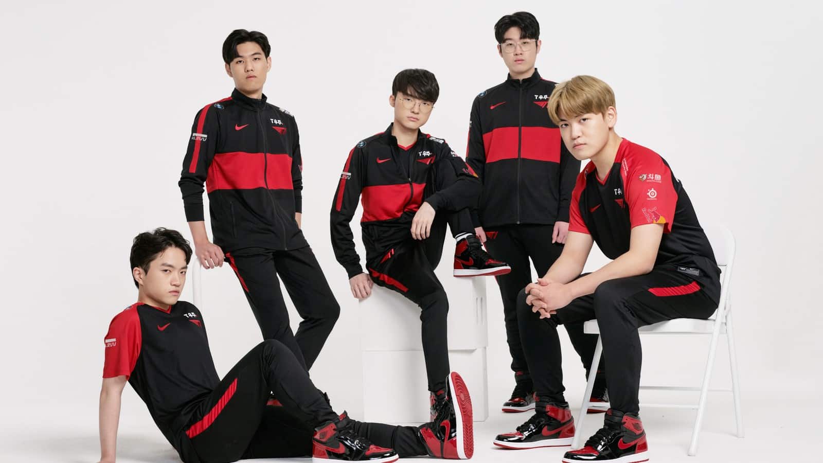 T1's League of Legends team decked out in Nike apparel against a white background